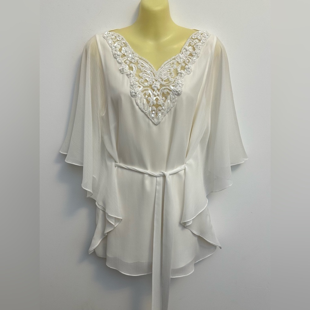 Badgley Mischka Bejeweled Cream Satin Blouse